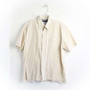 Tommy Hilfiger Short Sleeve Shirt Men Beige print business casual cotton Large L